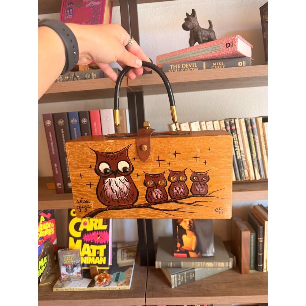 Vintage 1960s Enid Collins Wise Guys Owls Hand Painted Wooden Box Purse Handbag